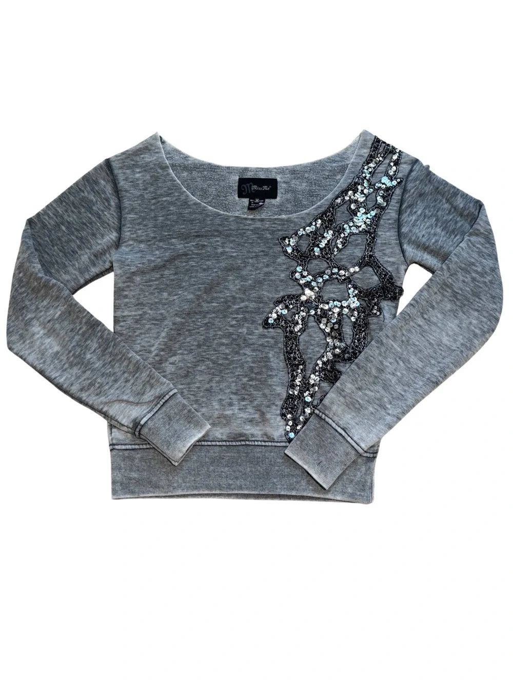 Miss Me Grey Embellished Scoop Burnt Out Sweatshirt